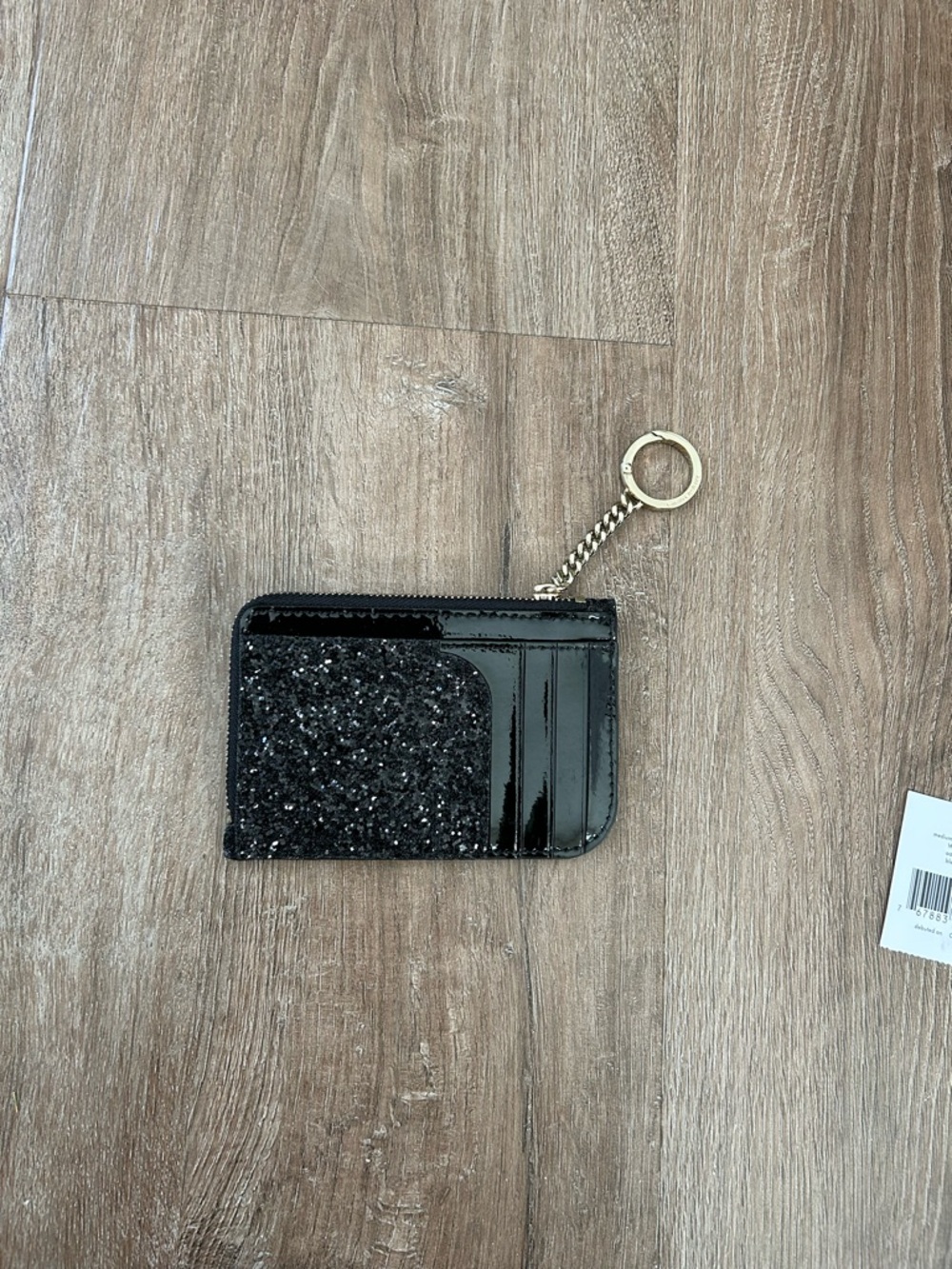 Kate Spade NWT Black Glitter Zip Cardholder with Clover Charm - Picture 2 of 5